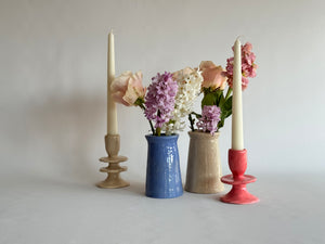 2 handmade ceramic vases in light blue and sand , candle holdeers Pequin from Mariela ceramica collection made in belgium