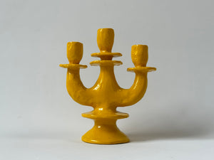 Handmade ceramic candle holder candelabra bright yellow